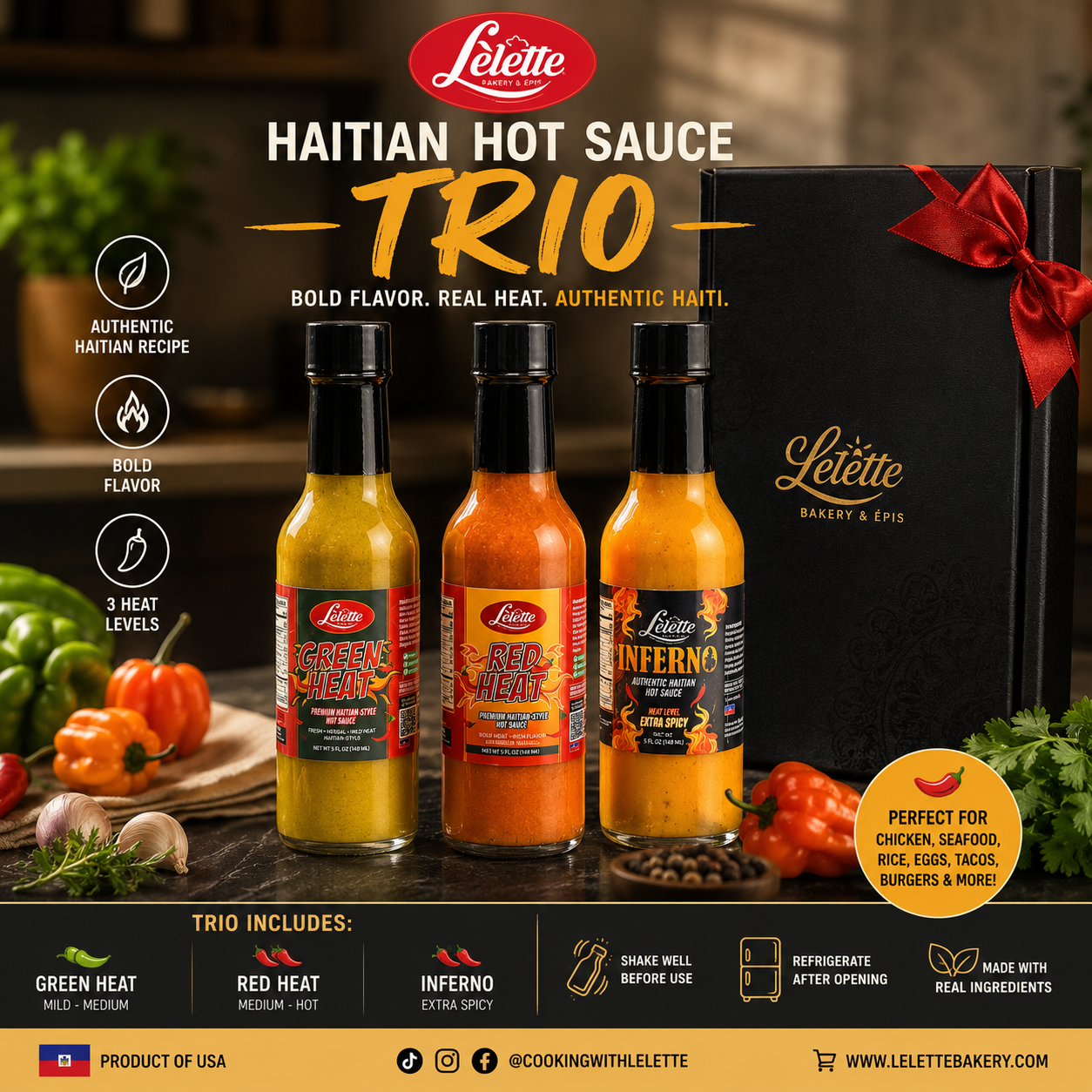 Lelette Hot Sauce Variety Pack – RED HEAT, GREEN HEAT & INFERNO (3 × 5 fl oz / 148 mL)