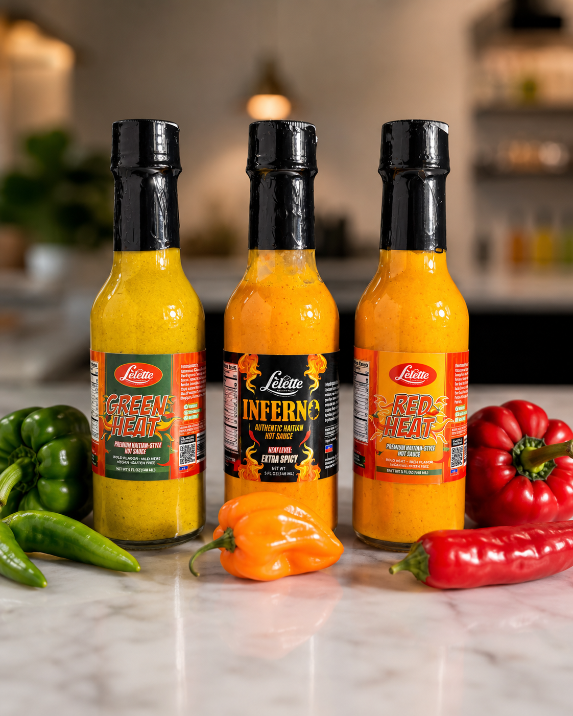 Lelette Hot Sauce Variety Pack – RED HEAT, GREEN HEAT & INFERNO (3 × 5 fl oz / 148 mL)