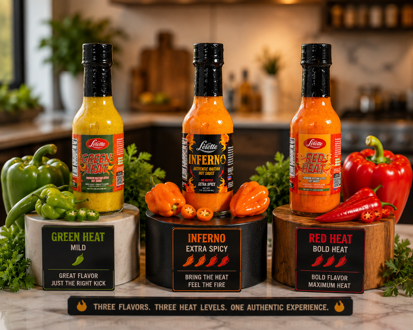 Lelette Hot Sauce Variety Pack – RED HEAT, GREEN HEAT & INFERNO (3 × 5 fl oz / 148 mL)